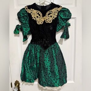 Vintage Girls Green Black Gold Collar Dress 1980s 1990s Polka Dot Size 7 Lace